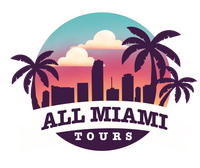 A logo for all miami tours with palm trees and a city skyline