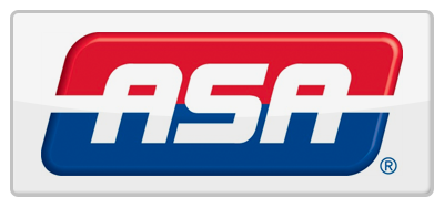 A red white and blue asa logo on a white background