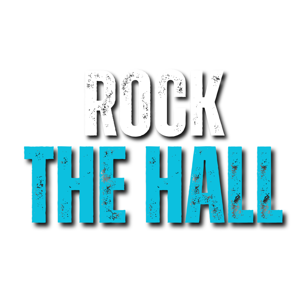 A blue and white logo that says rock the bond on a white background.