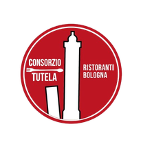 Logo: cerchio rosso con testo bianco, una forchetta e la sagoma bianca di due torri. Bologna, Italia.
