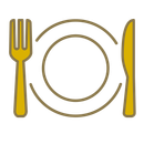 Forchetta e coltello ai lati di un piatto. Posate dorate e contorno del piatto marrone.