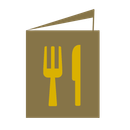 Menù con forchetta e coltello, oro su marrone.
