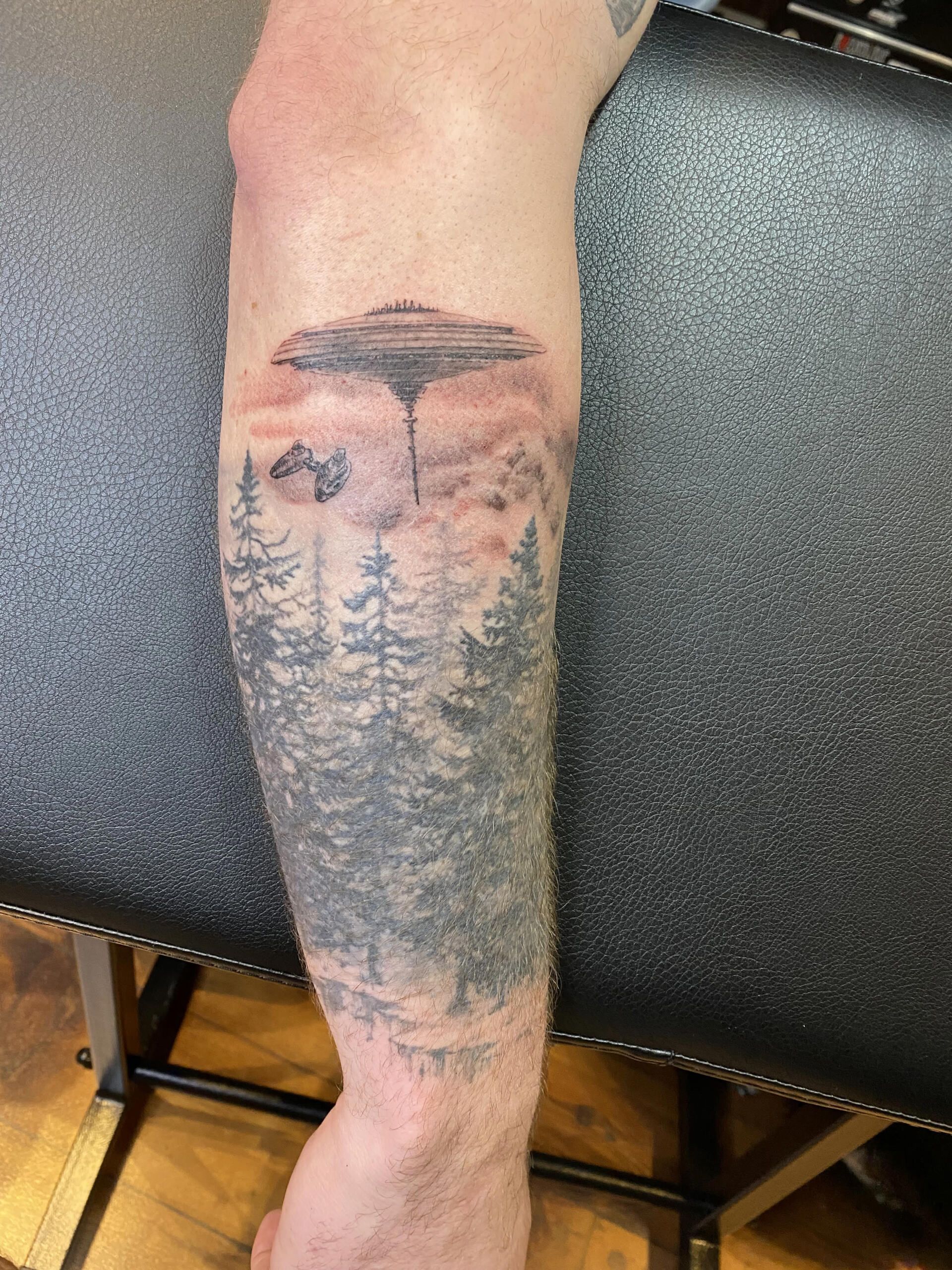 Tattoo on arm depicts a forest scene with a sci-fi structure in the sky; gray and black tones.