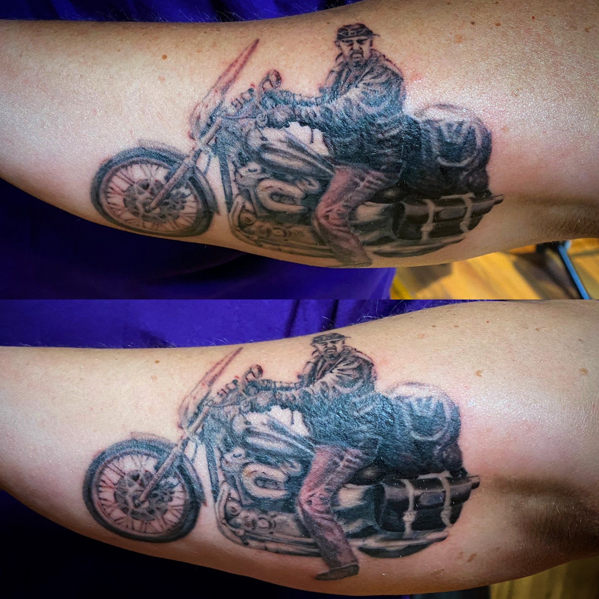 Tattoo on arm of a person riding a motorcycle, rendered in black and gray.