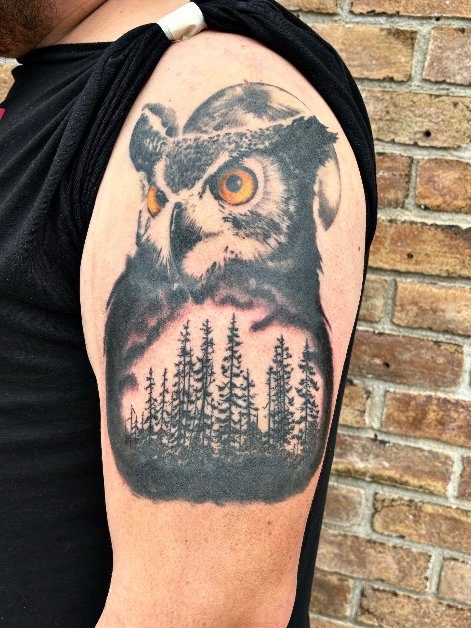 Tattoo of an owl with orange eyes, over a forest scene on a person's upper arm.