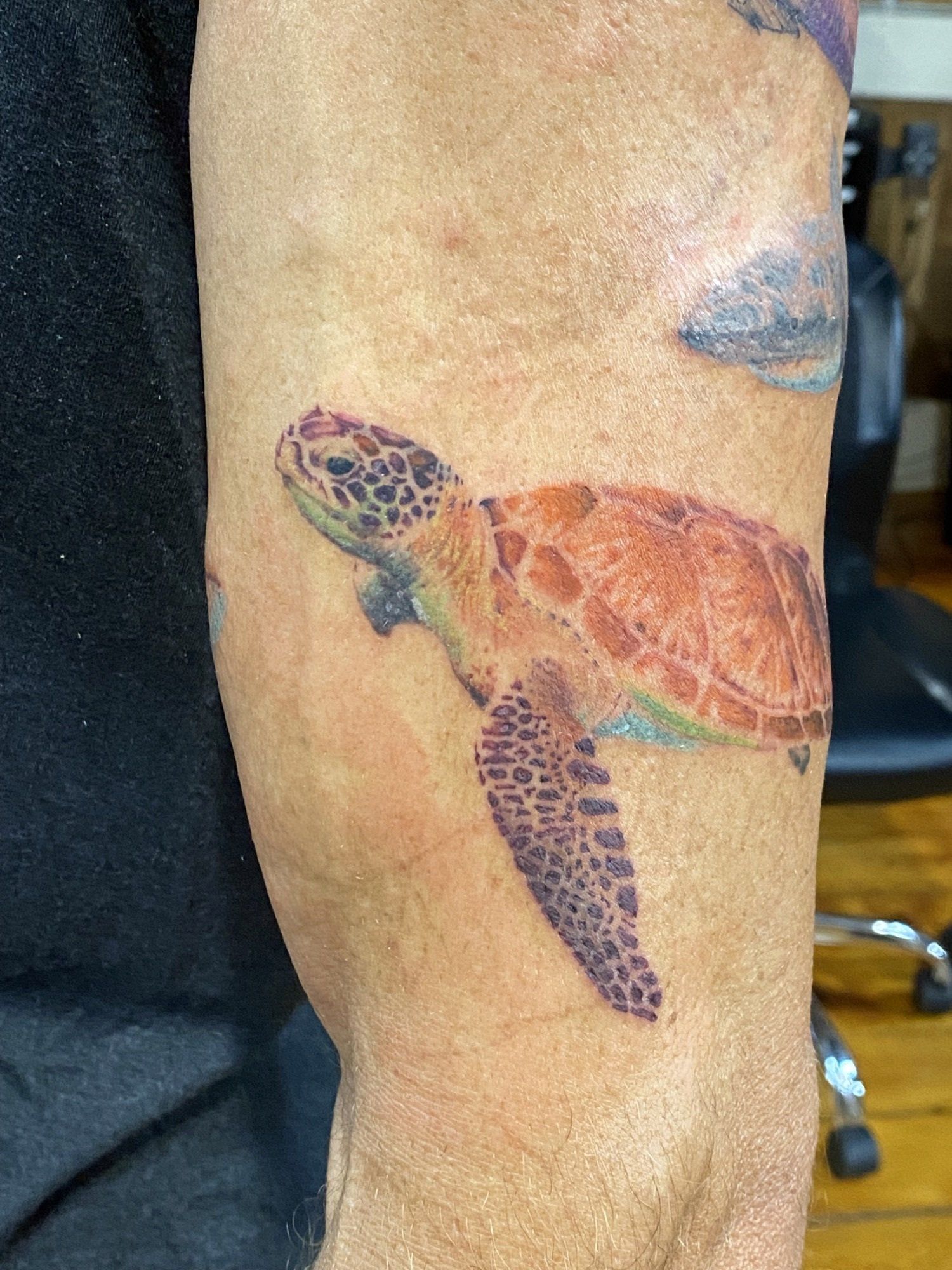 Tattoo of a sea turtle on a person's forearm. It is colored, with a brown shell and blue flippers.