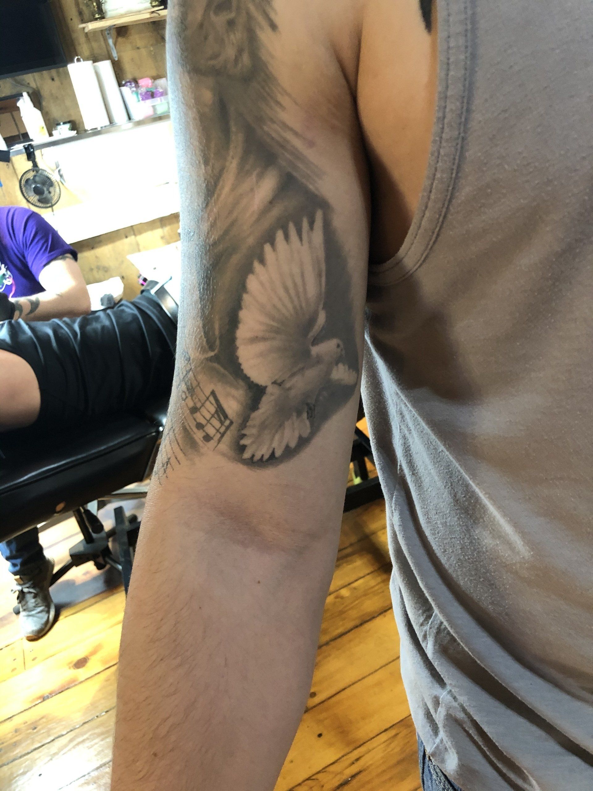 Tattoo of a dove with open wings and music notes on a person's upper arm, inside a dark, shadowed design.