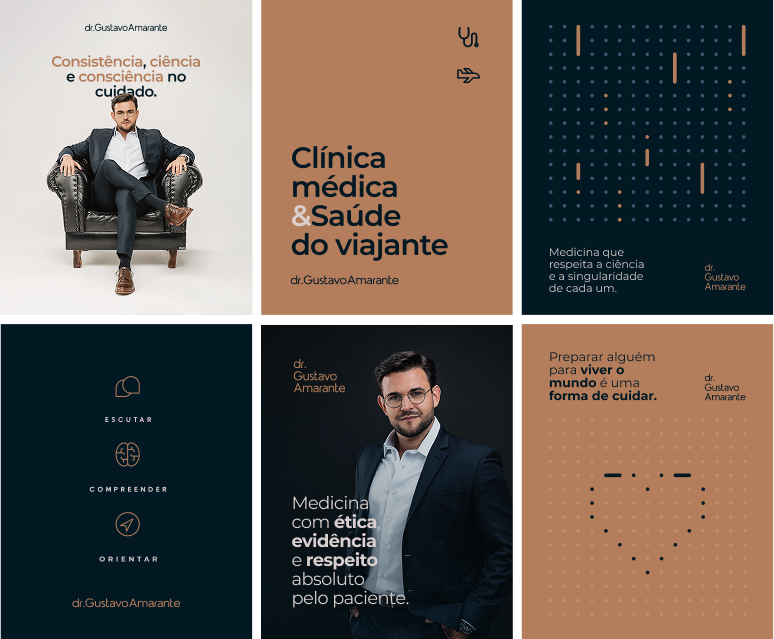 Mosaico institucional do Dr. Gustavo Amarante com frases de posicionamento sobre Clínica Médica e Saúde do Viajante