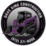 A circular logo for Dave King Construction featuring a purple skid-steer loader with a "K" on the bucket and phone number.