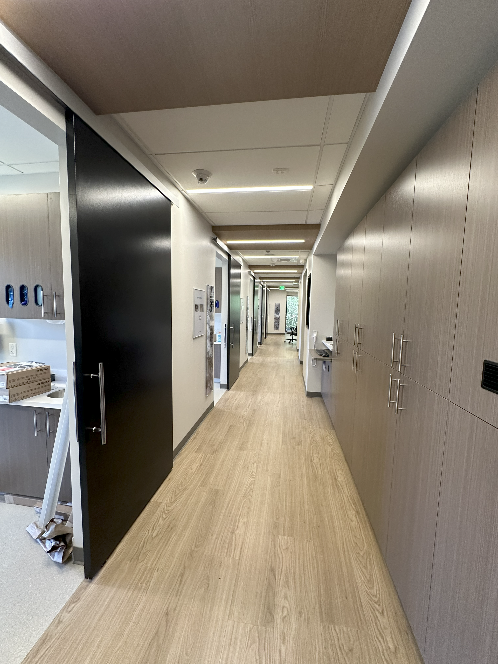 Long hallway with light wood floors and walls, black door on the left, several doors and cabinets along the right.