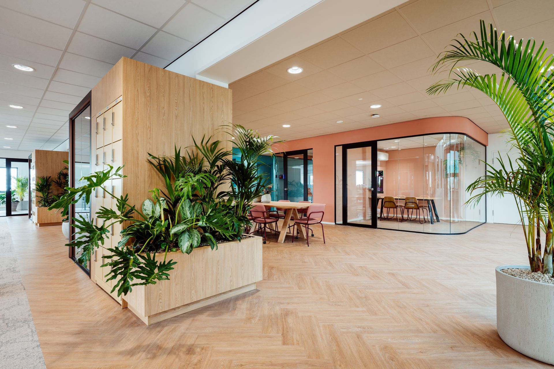 Lichte, moderne kantoorlobby met houten vloeren, potplanten en een zithoek.