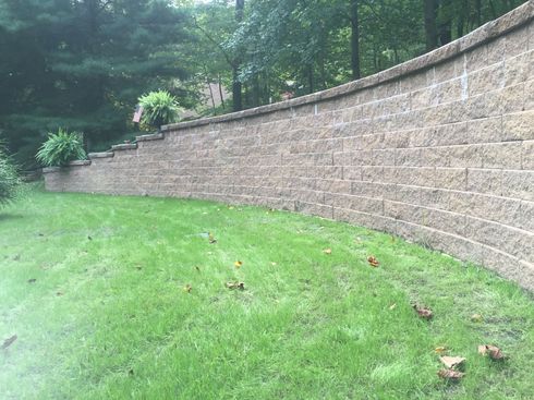 A stone wall surrounds a path in a park.