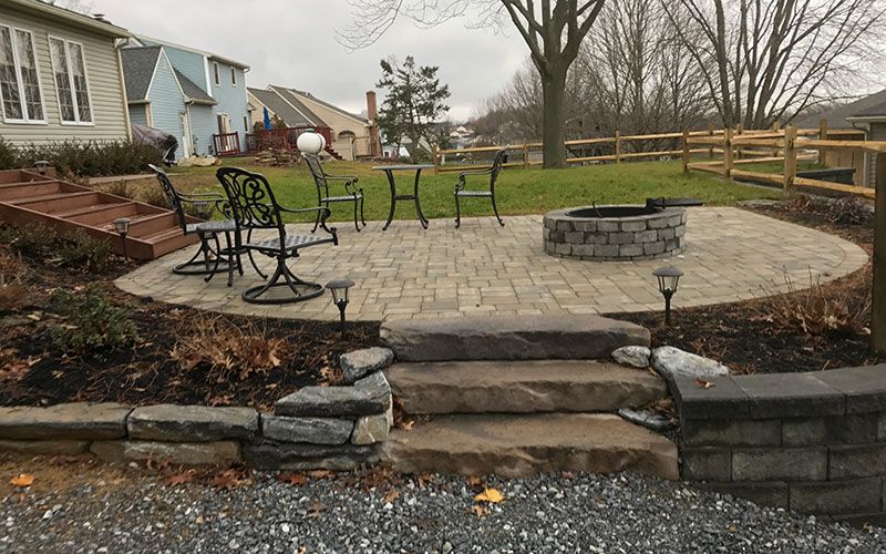 There is a fire pit in the middle of the patio.