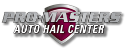 The logo for pro masters auto hail center has a shield on it.