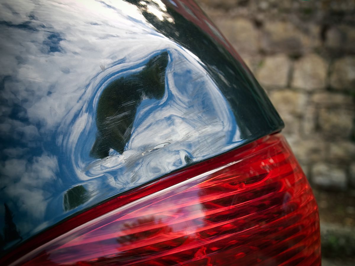 A close up of a car 's tail light with a dent in it.