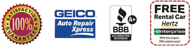 Logos for geico auto repair xpress and free rental car hertz