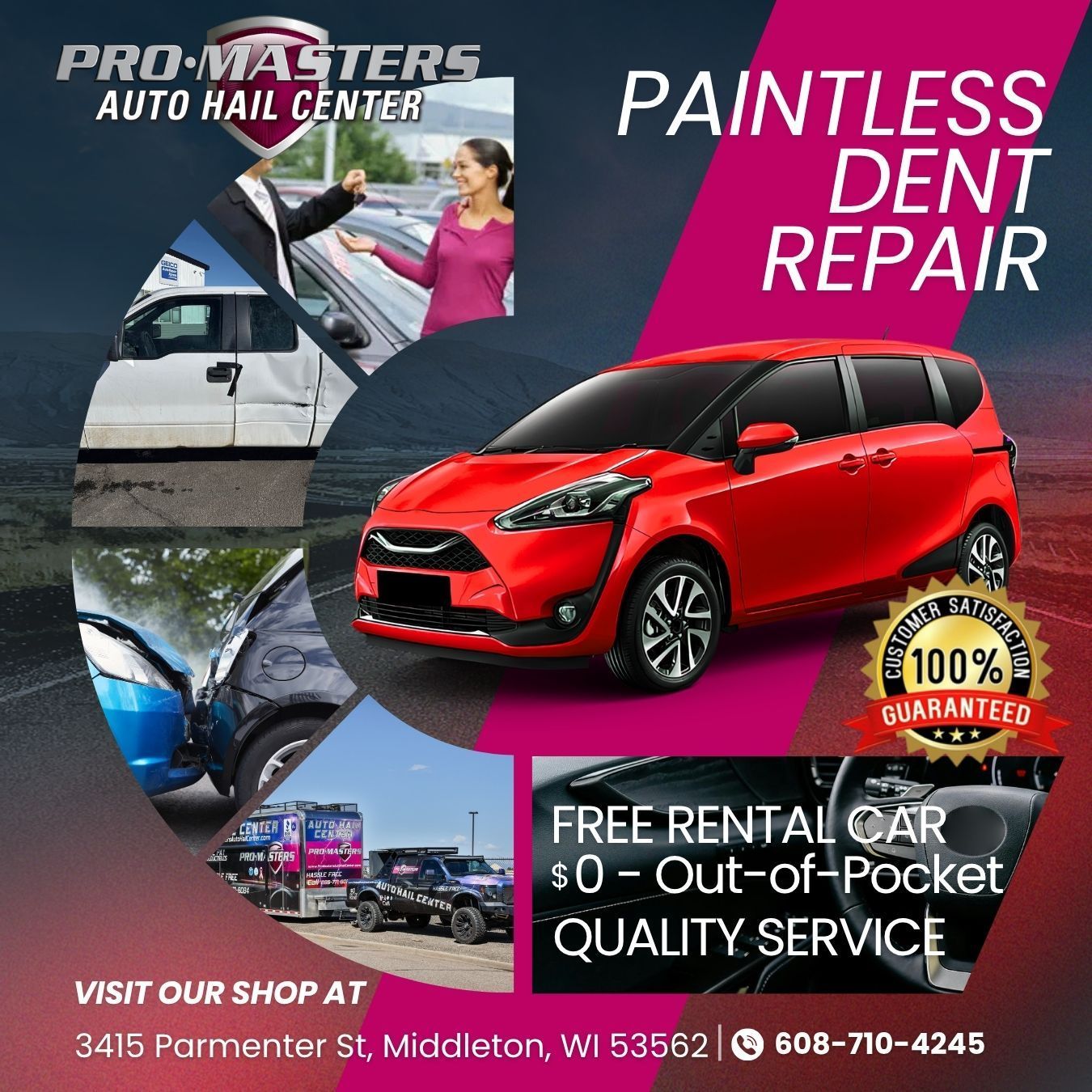 Auto hail repair ad with red car, paintless dent repair, free rental and out-of-pocket quality service.