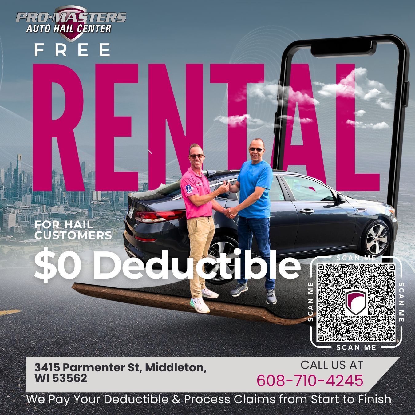 Car rental ad with black sedan, pink “FREE RENTAL,” and $0 deductible offer.