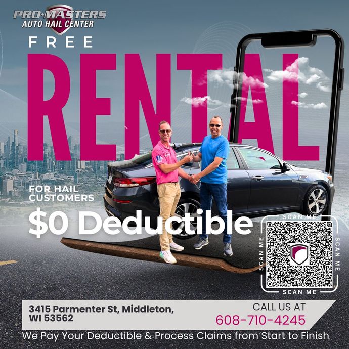 Car rental ad with black sedan, pink “FREE RENTAL,” and $0 deductible offer.