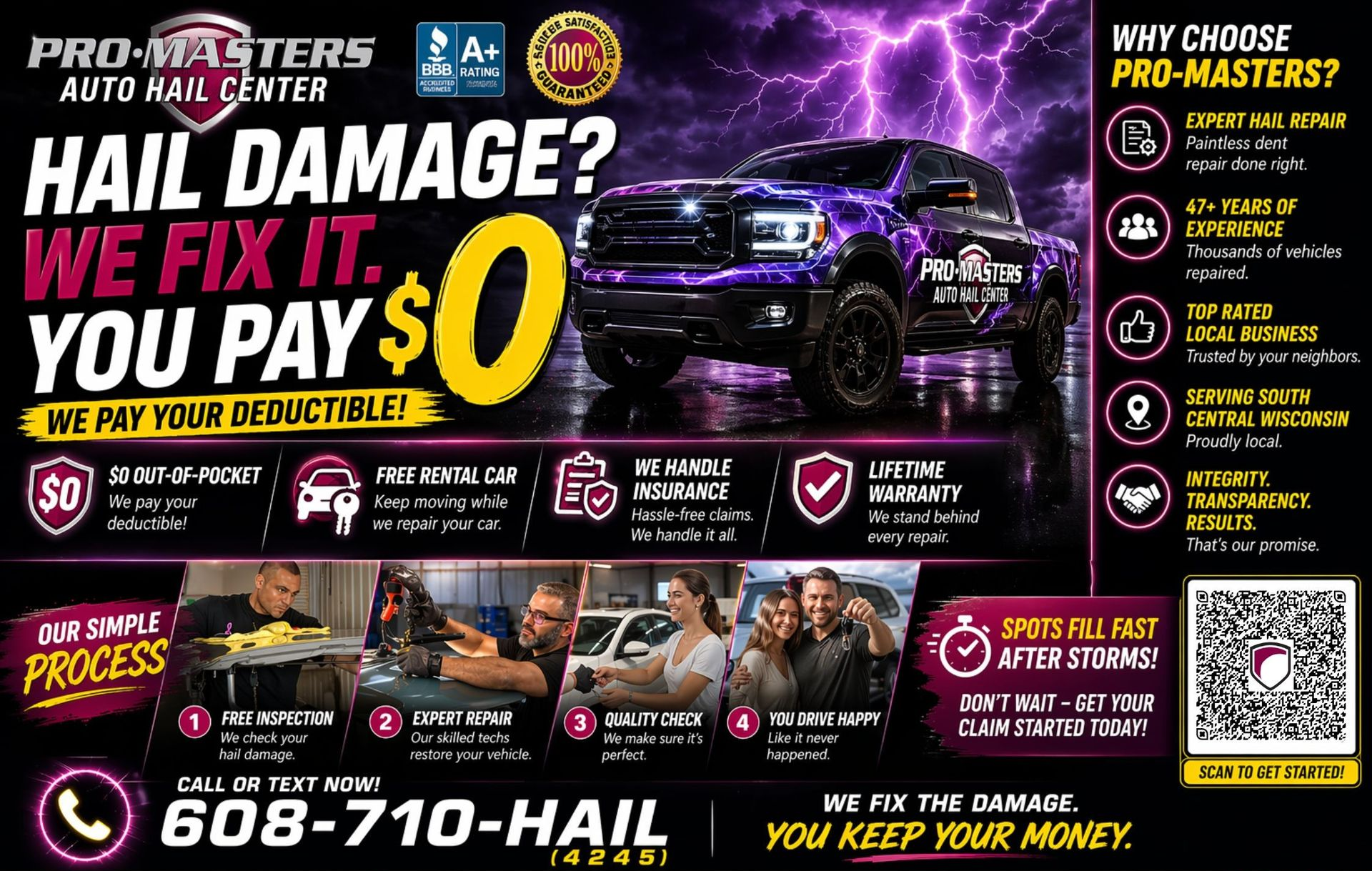 Auto hail repair ad with purple stormy background and “We fix it, you pay $0” text, phone number 608-710-HAIL