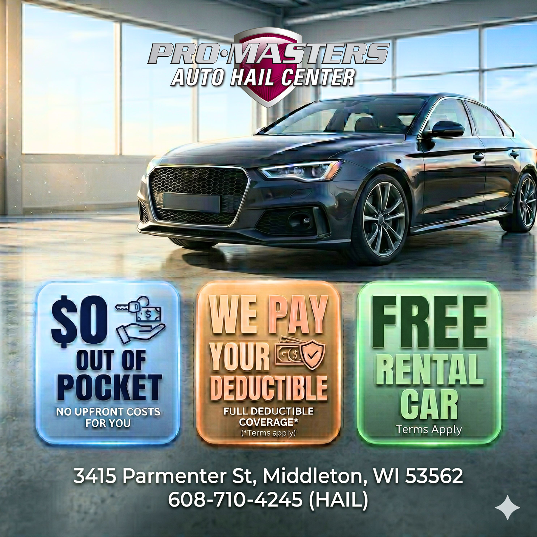 Auto hail repair ad with purple stormy background and “We fix it, you pay $0” text, phone number 608-710-HAIL