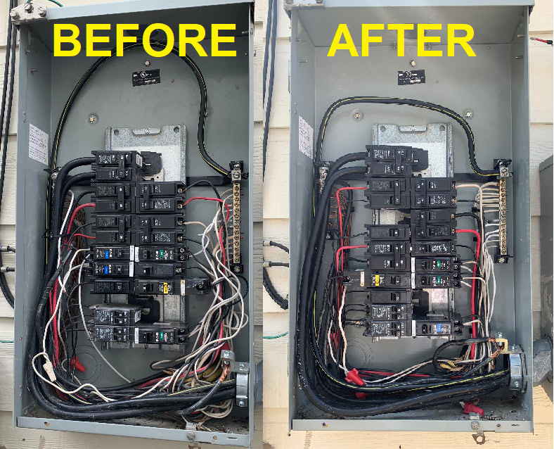 Electrical panel, before and after a wiring update, showing neatly organized breakers and wires.