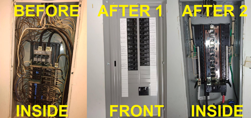Electrical panel before and after renovation. The before panel shows a jumble of wires. The after panels look neat and organized.