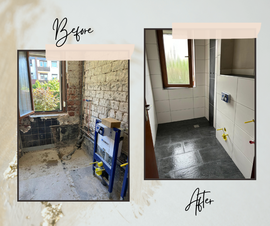 links der entkernte Rohbau mit freiliegenden Wänden, rechts fertig geflieste Raum mit weißen Wandfliesen und dunklem Boden