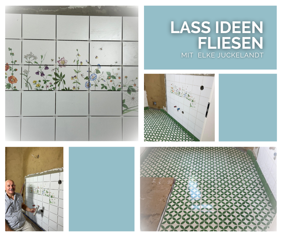Collage mit dekorativen Wandfliesen, buntem Blumenmuster, grünem Bodenfliesen-Design und dem Slogan ‚Lass Ideen fliesen‘
