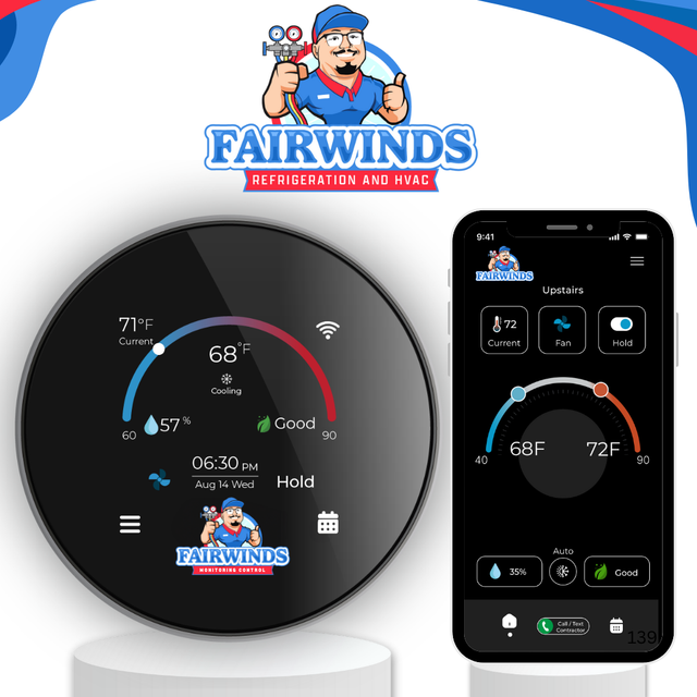 Fairwinds HVAC thermostat and phone app showing temperature settings, with logo of a cartoon repairman.