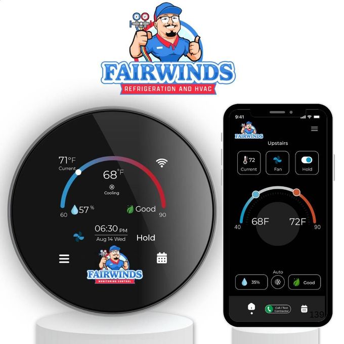 A smart thermostat and phone app, both displaying temperature controls. The logo for 