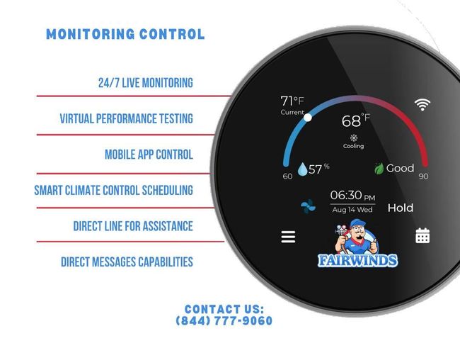 Smart thermostat interface with monitoring controls, including live monitoring, mobile app control, and direct assistance.