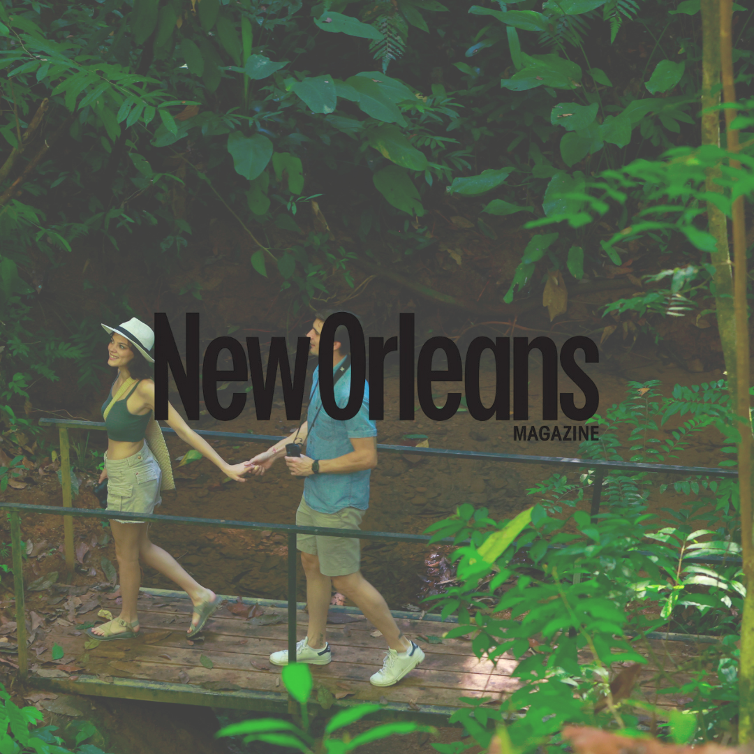 Couple holding hands, walking on a wooden bridge in a lush, green forest; 