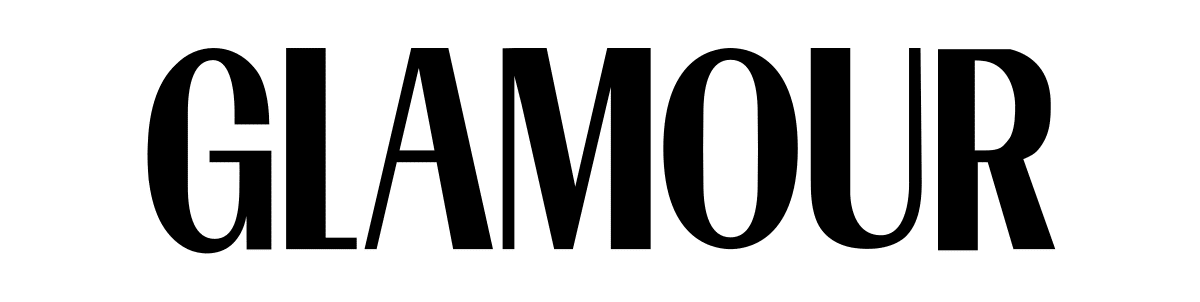 A black and white logo for glamour magazine on a white background.