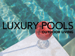 A luxury pools outdoor living logo with a glass of wine