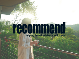 A woman standing on a balcony with the words recommend helping travel advisors sell travel