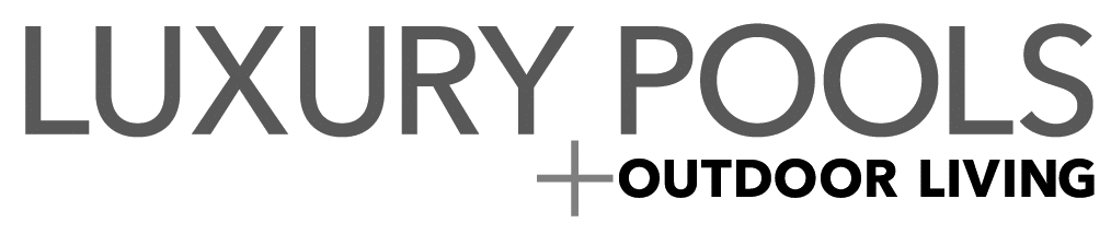 The logo for luxury pools outdoor living is black and white.