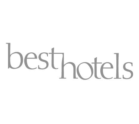 The logo for best hotels is a gray and white logo on a white background.