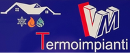 Logo per VM Termoimpianti raffigurante l'icona di una casa con le icone di freddo, calore e acqua su uno sfondo blu scuro.