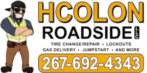 Logo for HCOLON Roadside LLC: a worker in a safety vest, phone number 267-692-4343, and services provided.