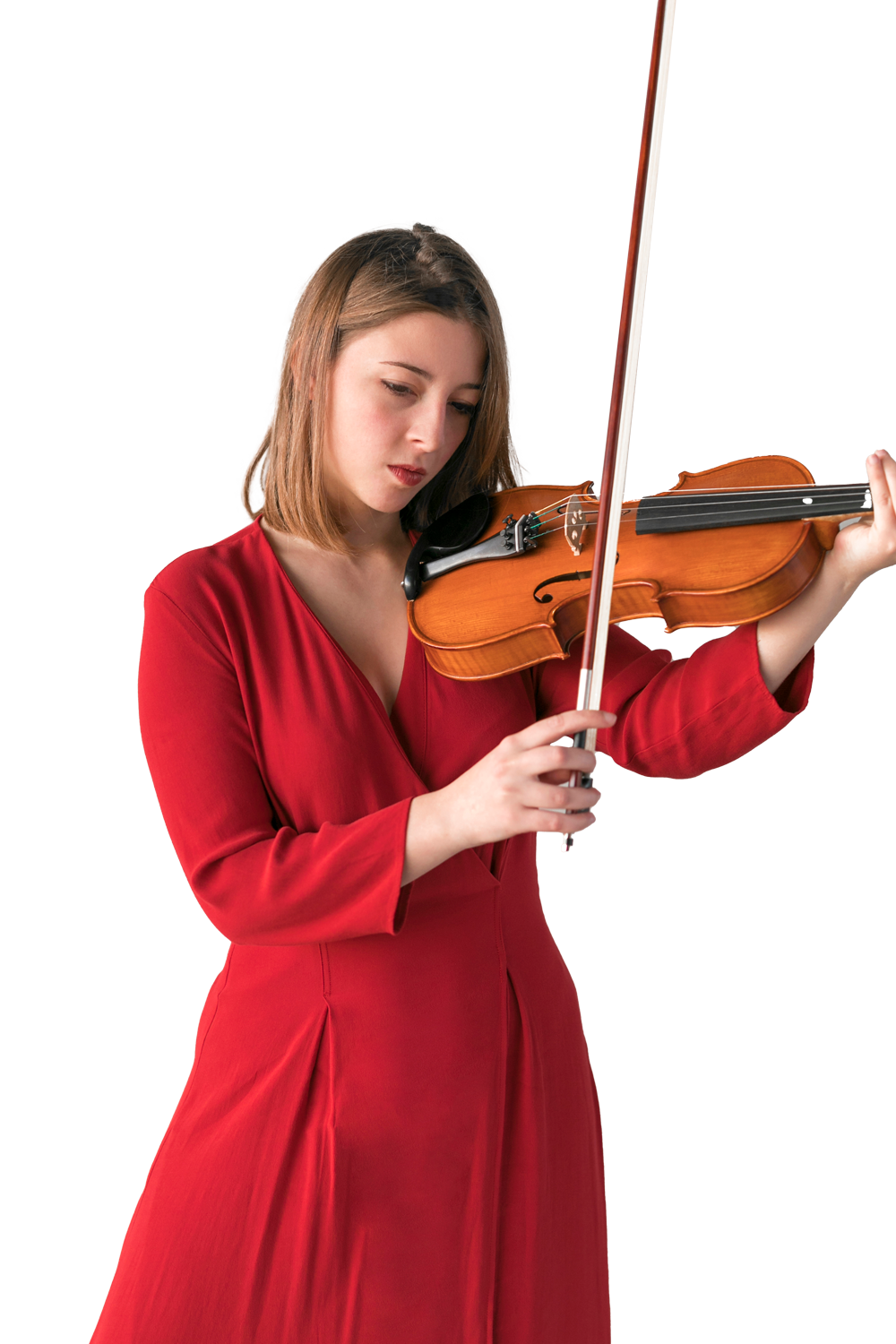 A woman in a red dress is playing a violin.