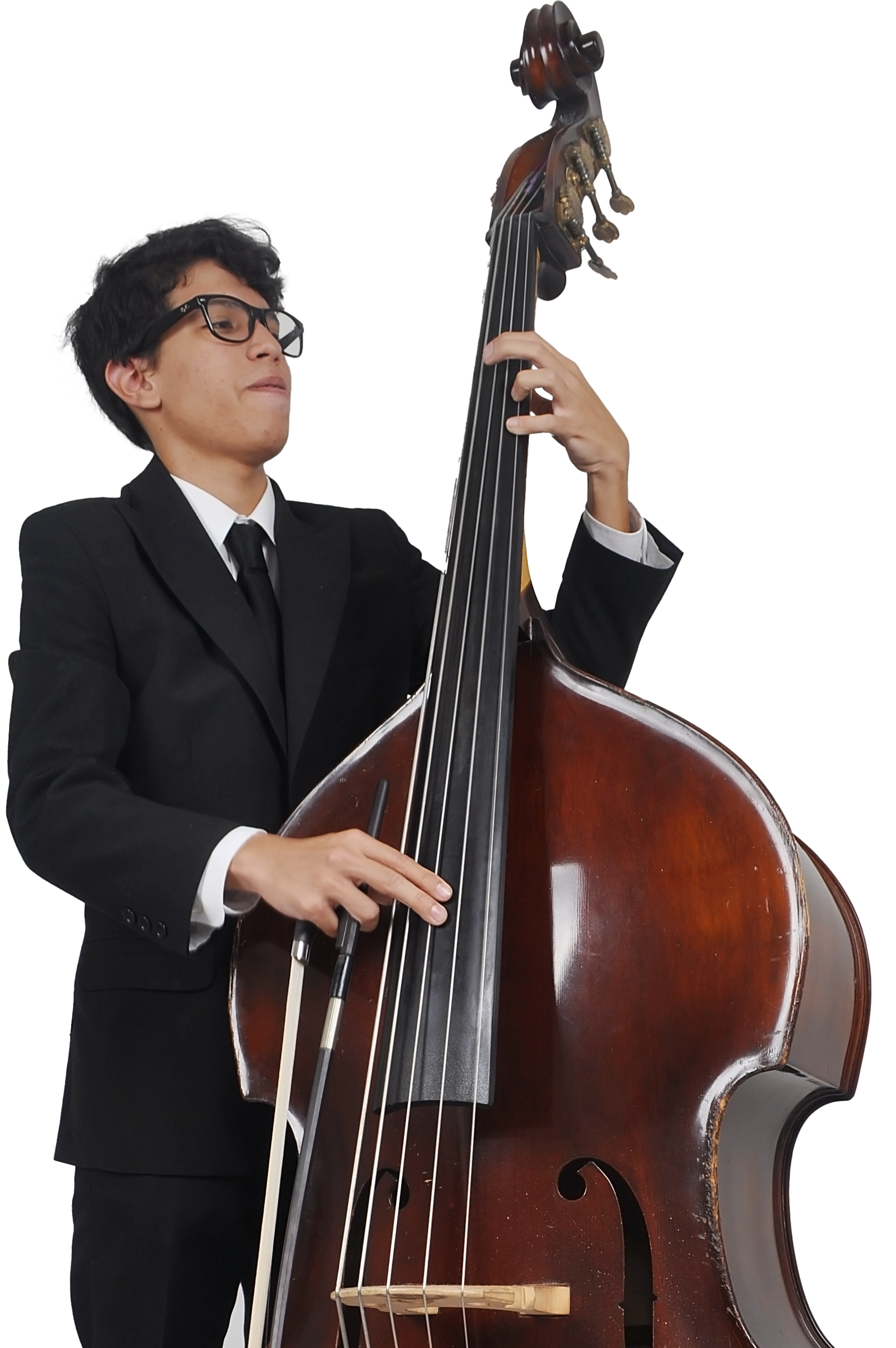 A man in a suit is playing a double bass