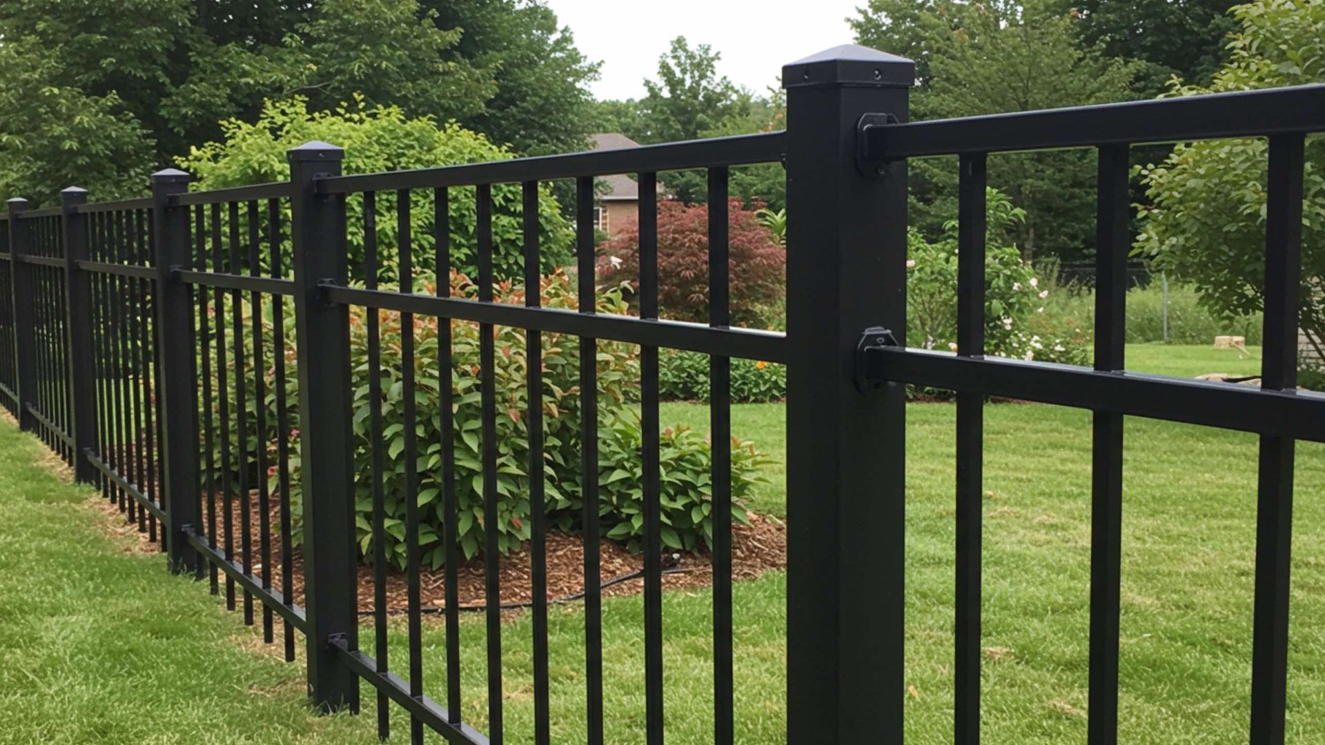 Black metal fence on green lawn, with trees and bushes in the background.