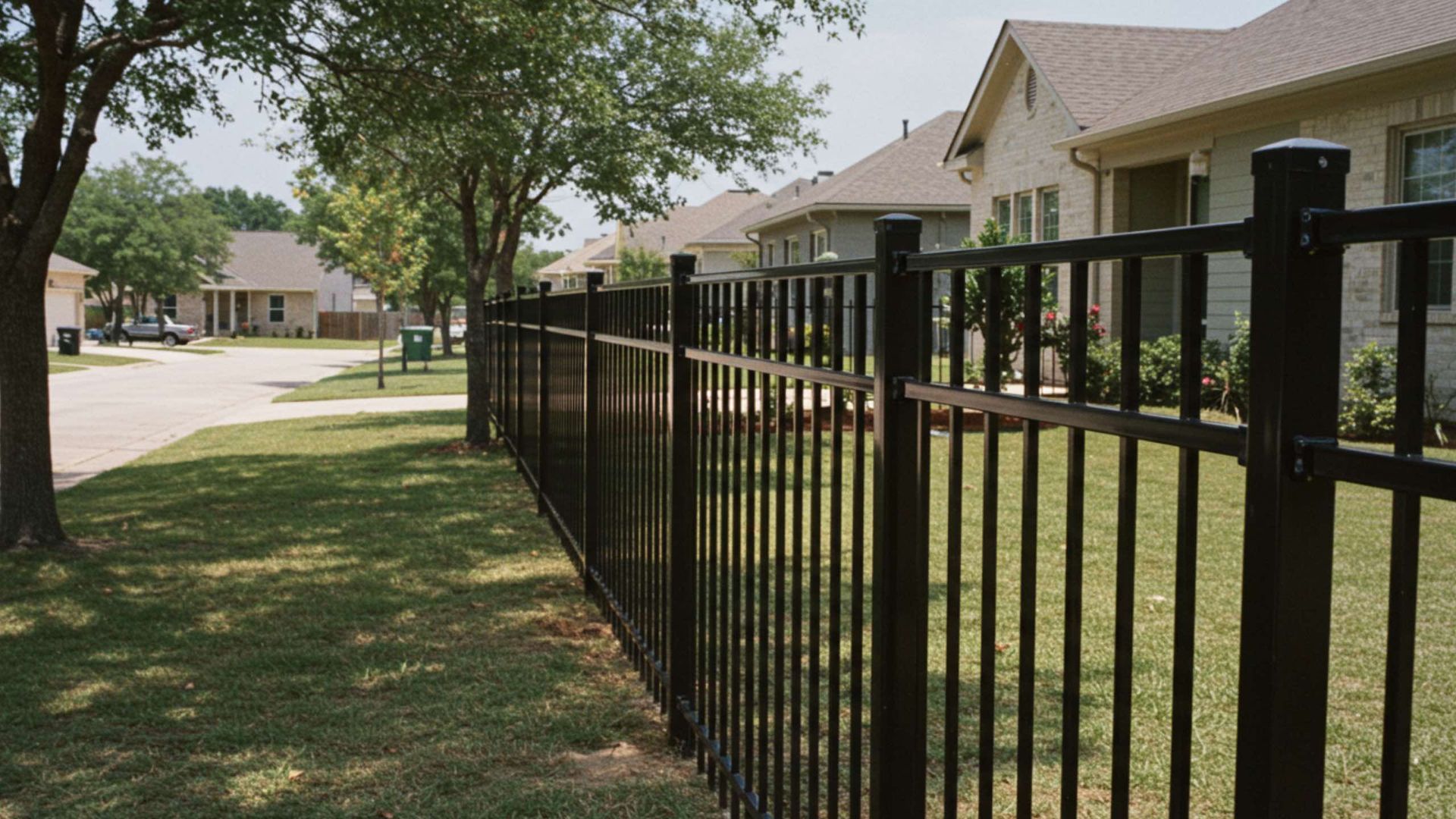 Black metal fence bordering a green lawn along a suburban street.