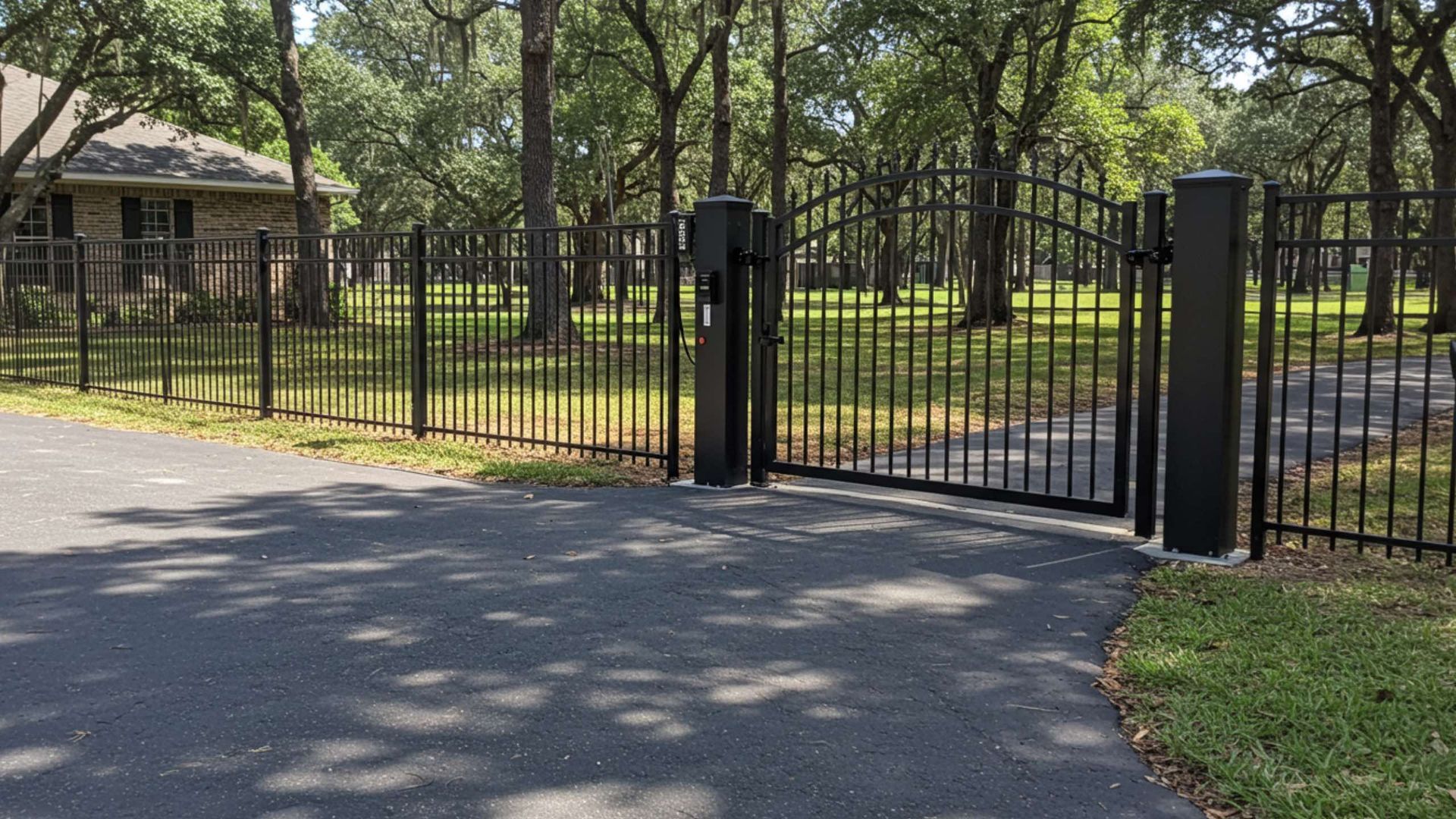 Black metal fence and gate across a paved driveway in front of a house and trees.