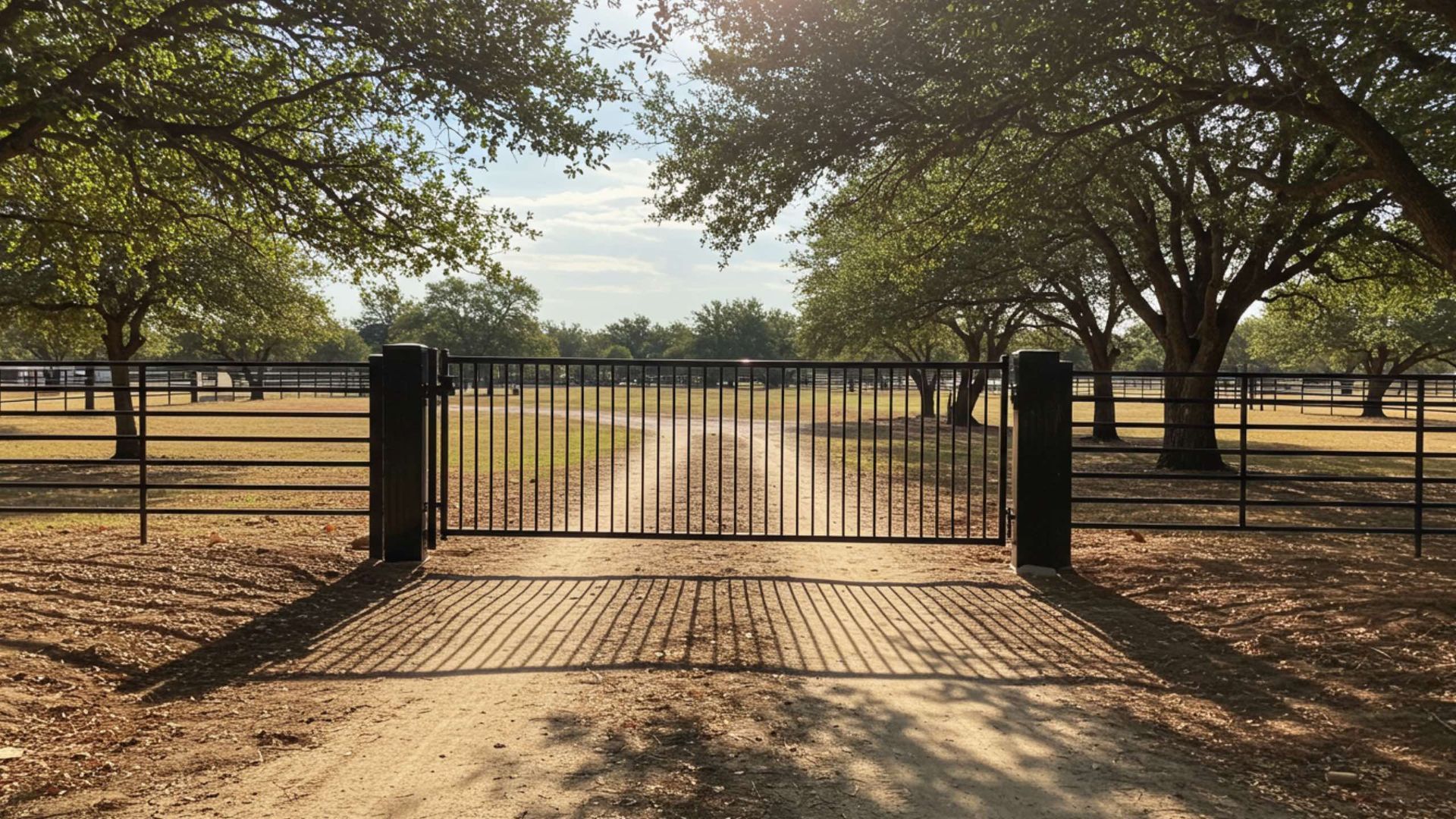 Black metal gate and fence in front of a dirt road, lined with trees and sunlight.