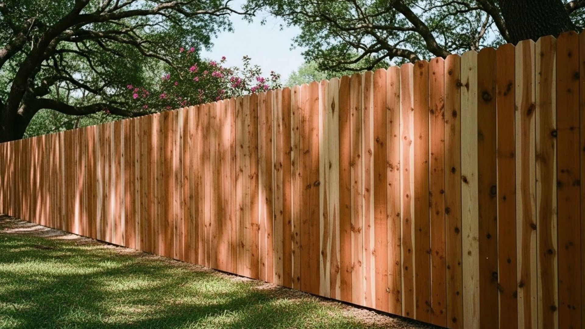 A white vinyl picket fence and a matching gate with a black metal latch and hinge set against a green lawn.