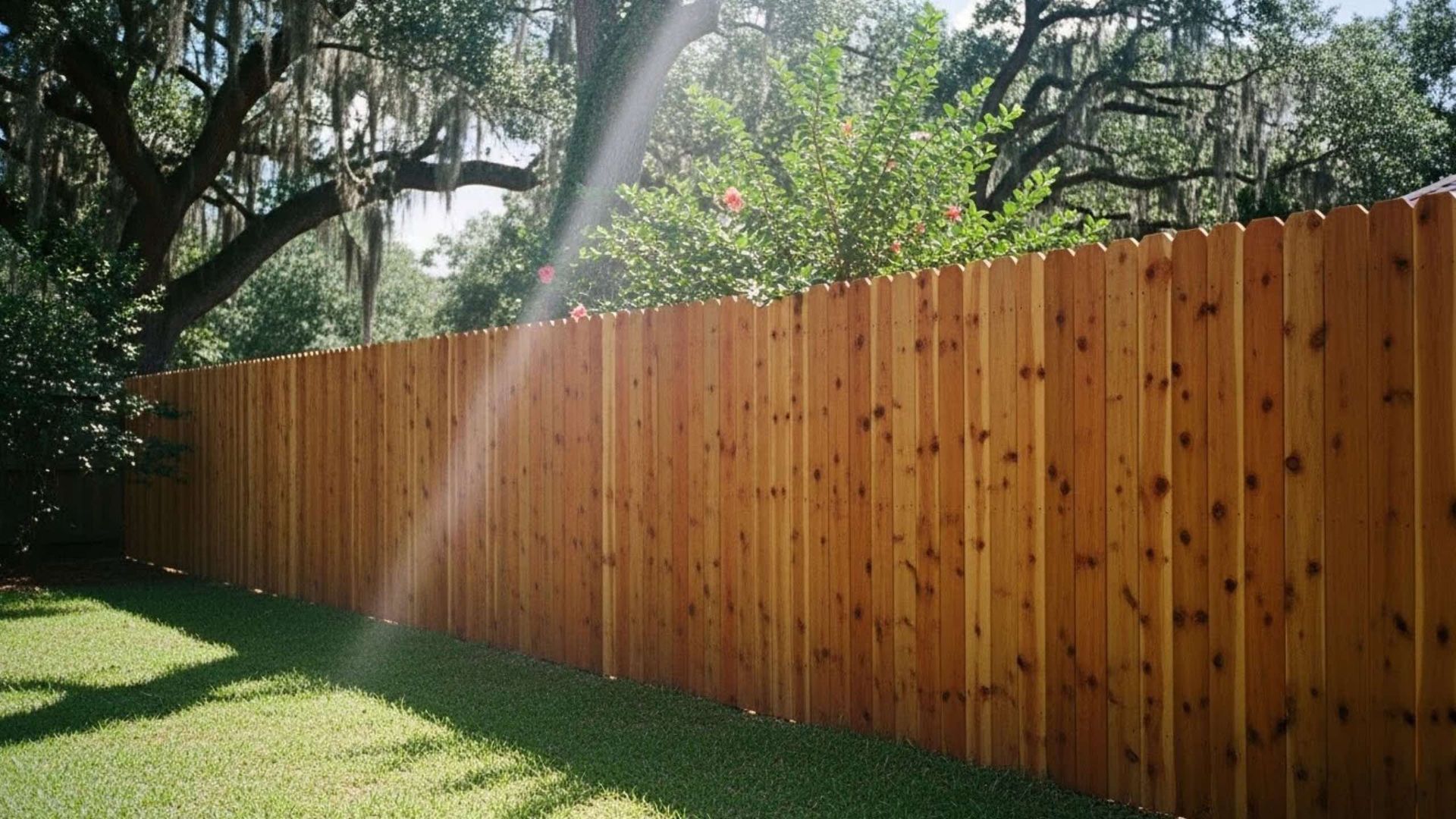 Wooden privacy fence in a grassy backyard with sunlight shining through trees.