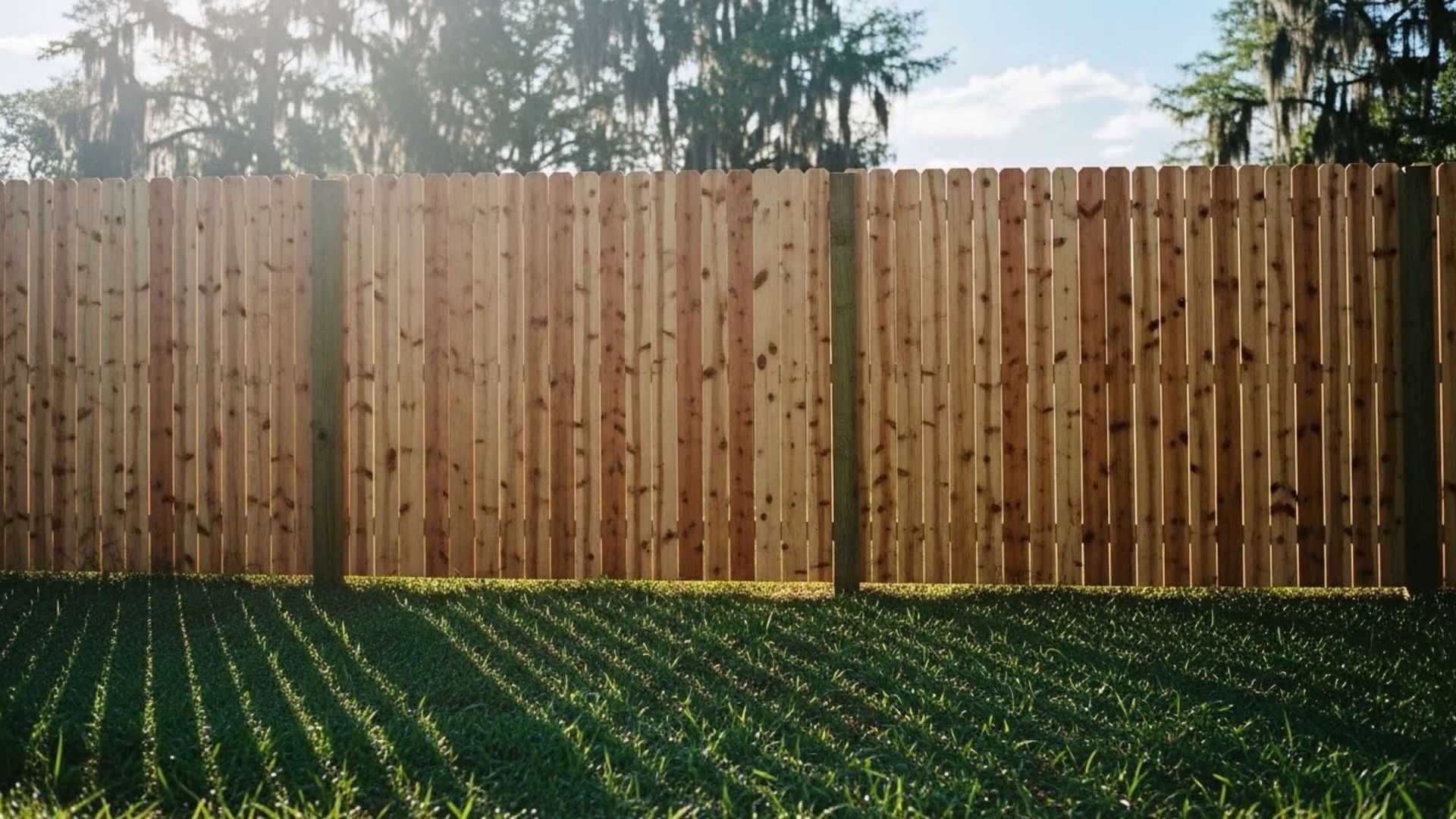 A wooden fence with vertical slats stands in a grassy yard, casting long, distinct shadows on the ground in sunlight.