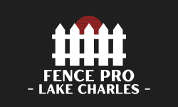 A logo for fence pro lake charles with a wooden fence